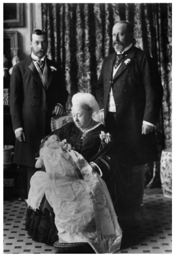 Queen Victoria; her son Albert Edward, Prince of Wales (later King Edward VII); his son Prince George, Duke of York (later King George V); and George’s son baby Prince Edward of York (later King Edward VIII, later Duke of Windsor).