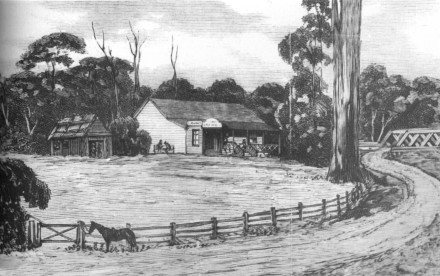 Drawing of Woodbury's Inn on the Old Mitland Road near Wyong Creek crossing. [Published in the Illustrated Sydney News, 15 March 1884.]
