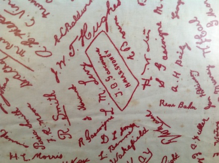 Detail of embroidered signatures on the teacloth – Wyong Museum & Historical Society.